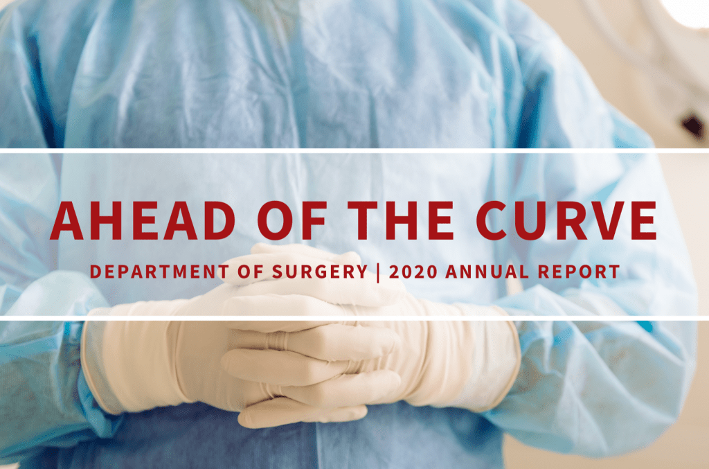 Cover of surgery annual report with surgeon wearing scrubs and gloves